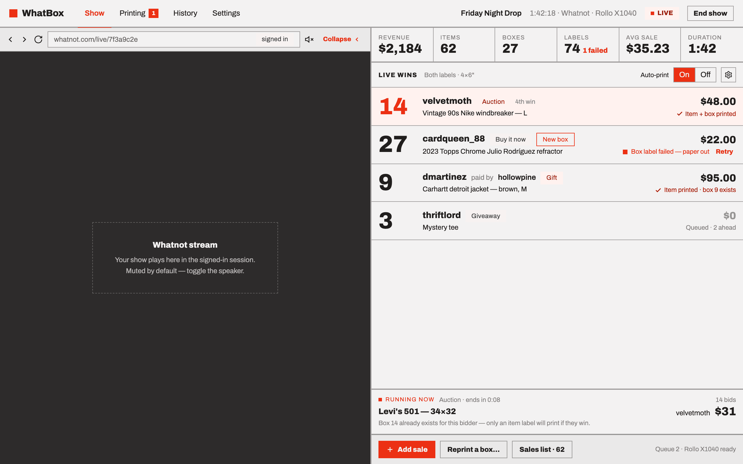 WhatBox during a live Whatnot show: the stream on the left, and on the right a list of wins each with its box number, buyer, item and print status.