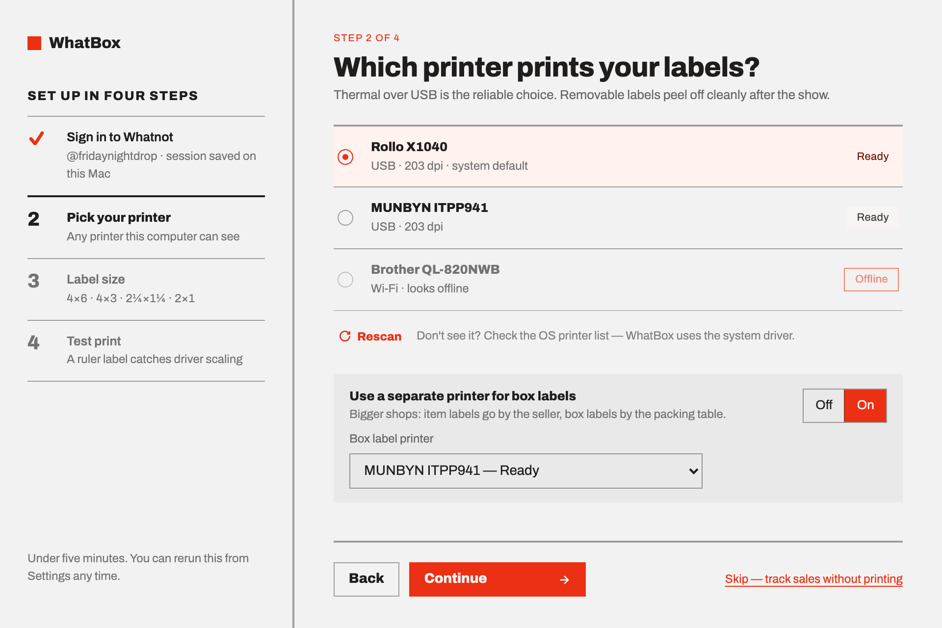 WhatBox setup on the printer step, listing available printers with their ready or offline status and an option to send box labels to a second printer.