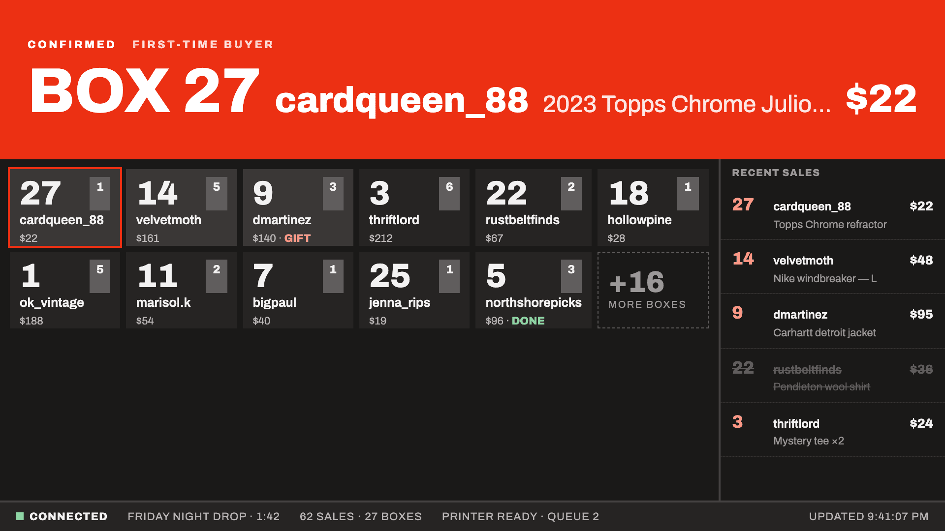 The WhatBox TV dashboard announcing CONFIRMED, BOX 27, above a grid of buyer cards with box numbers and running totals.